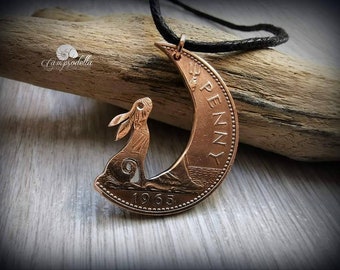 Hare in the Moon pendant handmade from coins, Moon Gazing hare jewellery in bronze, Campsodella Hare necklace made from recycled coins