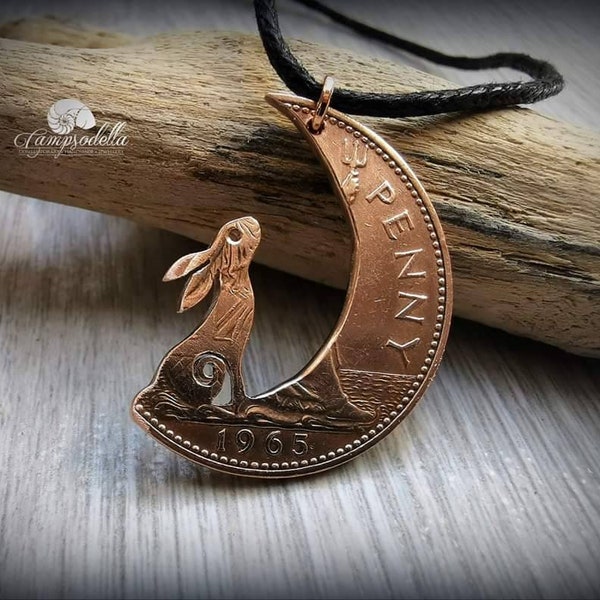 Hare in the Moon pendant handmade from coins, Moon Gazing hare jewellery in bronze, Campsodella Hare necklace made from recycled coins
