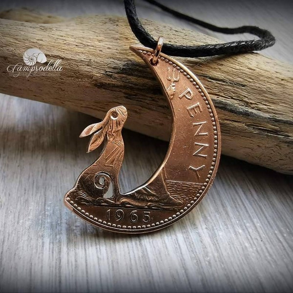 Hare in the Moon Pendant: Handmade Bronze Recycled Coin Necklace