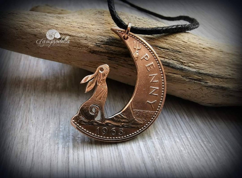 Hare in the Moon pendant handmade from coins, Moon Gazing hare jewellery in bronze, Campsodella Hare necklace made from recycled coins image 1