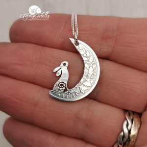 Antique silver hare in the moon pendant, handmade from British 925 shilling, Rabbit necklace made in eco friendly silver, each one unique image 2