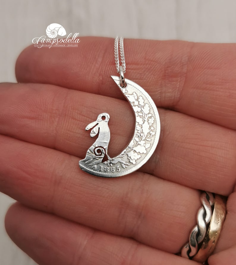 Antique silver hare in the moon pendant, handmade from British 925 shilling, Rabbit necklace made in eco friendly silver, each one unique image 2