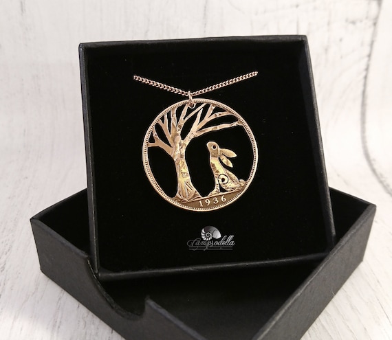 Hare Gazing Pendant, Handamde Vintage Coin Necklace, Forest jewellery