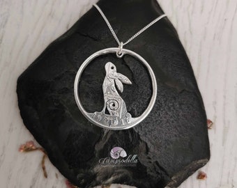 Handcrafted Silver Hare Necklace: Recycled British Coin Pendant, Gazing Rabbit pendant