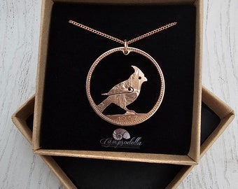 Cardinal Bird necklace handmade from a vintage coin, Red Cardinal jewelry, British penny pendant, Bronze Anniversary Gift 8 year wedding