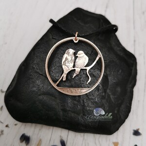 Love Bird Pendant, Hand made Bronze Anniversary, British Penny Coin Necklace