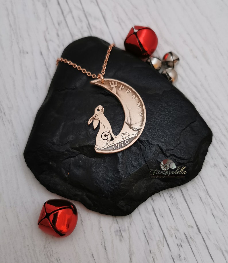 Hare in the Moon pendant handmade from coins, Moon Gazing hare jewellery in bronze, Campsodella Hare necklace made from recycled coins image 7