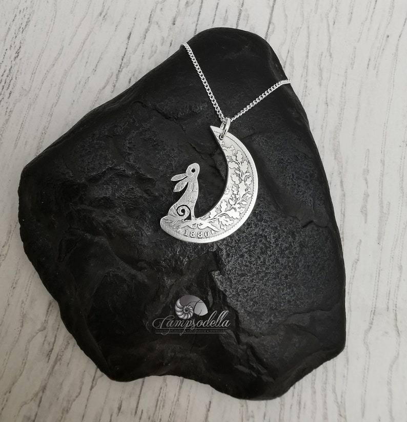 Antique silver hare in the moon pendant, handmade from British 925 shilling, Rabbit necklace made in eco friendly silver, each one unique image 1