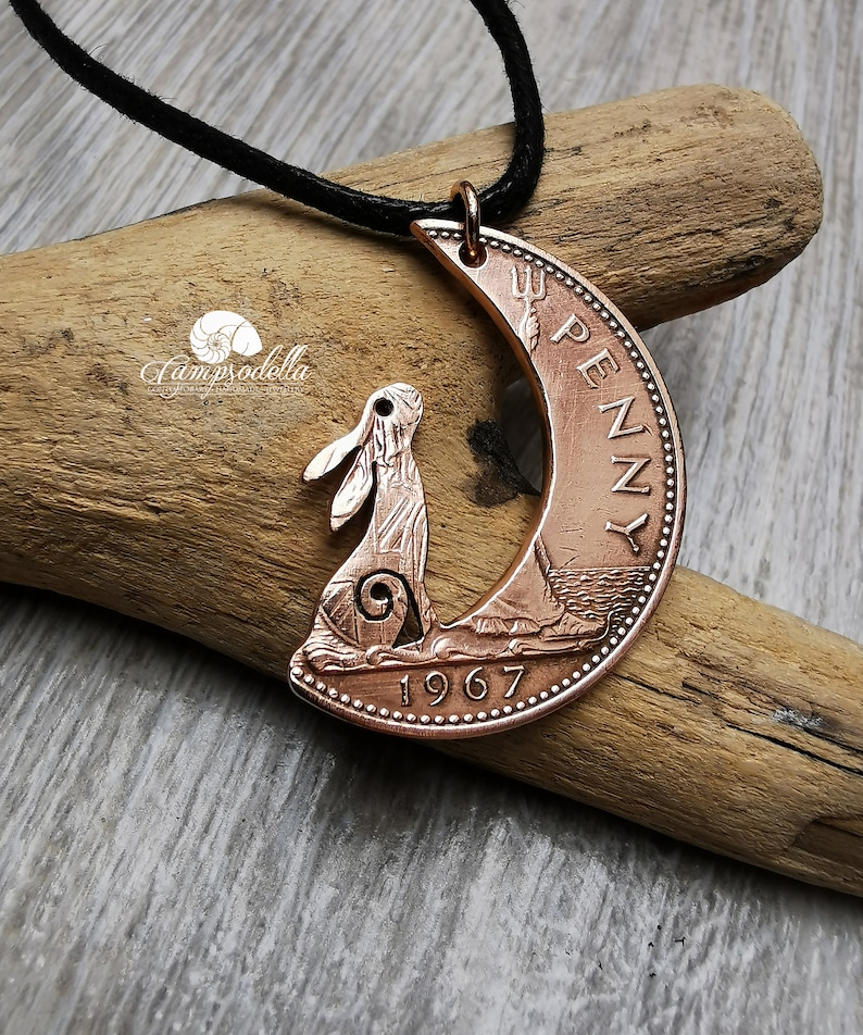 Hare in the Moon pendant handmade from coins, Moon Gazing hare jewellery in bronze, Campsodella Hare necklace made from recycled coins image 5