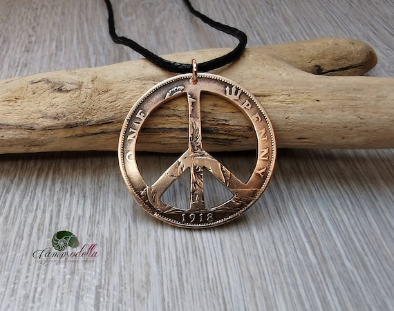 Handmade Bronze Peace Symbol Necklace: Recycled Penny Coin Pendant