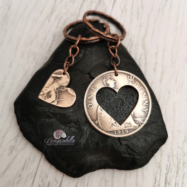 Love Heart Keyrings in Bronze to share made from a vinatge penny coin,  8th Anniversary Gift to share, Romantic Valentines Wedding gift