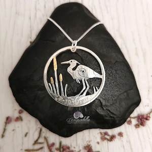 Handmade Heron Coin Pendant: 925 Silver, 22ct Gold Bull Rushes