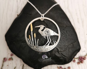 Heron pendant and chain handmade in 925 eco silver in a bed of rushes, antique coin necklace for nature lover, gift for twitcher gold silver