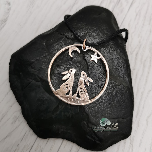 Twin Hare necklace Gazing into the Night Sky, Two rabbits looking up to a Moon and Star handcarved from a old bronze penny coin