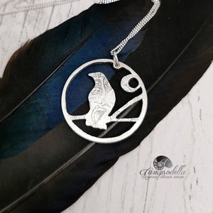 Silver Raven by Moonlight necklace, handmade Crow pendant,  Spooky Halloween Night scene jewellery,  Raven pendant for Poe fan, Nevermore