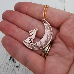 Hare in the Moon pendant handmade from coins, Moon Gazing hare jewellery in bronze, Campsodella Hare necklace made from recycled coins image 3