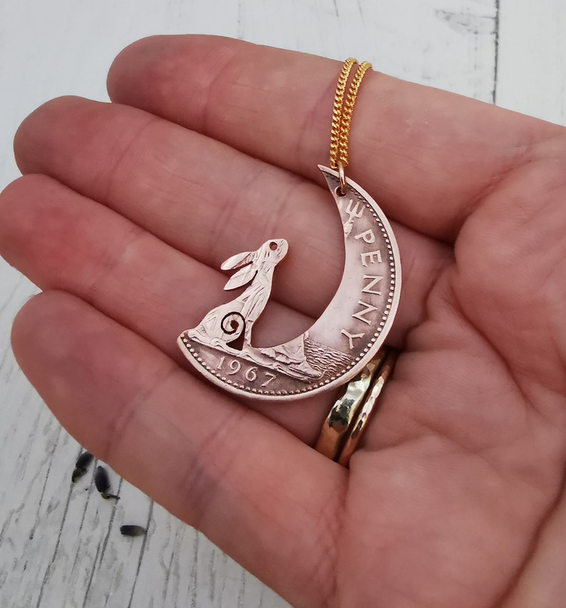 Hare in the Moon pendant handmade from coins, Moon Gazing hare jewellery in bronze, Campsodella Hare necklace made from recycled coins image 3