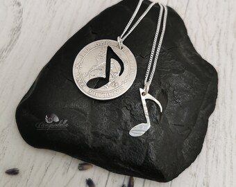 Sterling Silver Music Note Pendant Necklace Set, Antique Coin