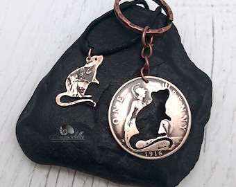 Bronze Rat set made from a single coin, keying and pendant a gift to share or wear together, 8th anniversay for rattie and rodent fans