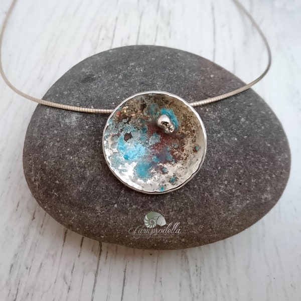 Sterling silver necklace with blue turquoise, purples and green vitreous enamels, hallmarked handforge 925 Sheffield silver in sea colours