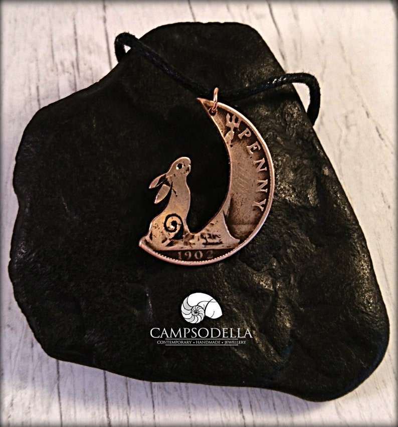 Hare in the Moon pendant handmade from coins, Moon Gazing hare jewellery in bronze, Campsodella Hare necklace made from recycled coins image 6