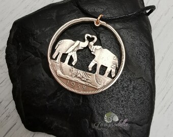 Handmade Kissing Elephants Penny Pendant, Bronze Anniversary Gift, Romantic