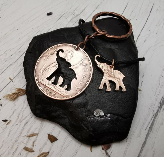 Hand Cut Bronze Penny Elephant Necklace & Keychain Set, Anniversary Gift