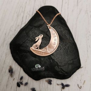 Hare in the Moon pendant handmade from coins, Moon Gazing hare jewellery in bronze, Campsodella Hare necklace made from recycled coins image 8