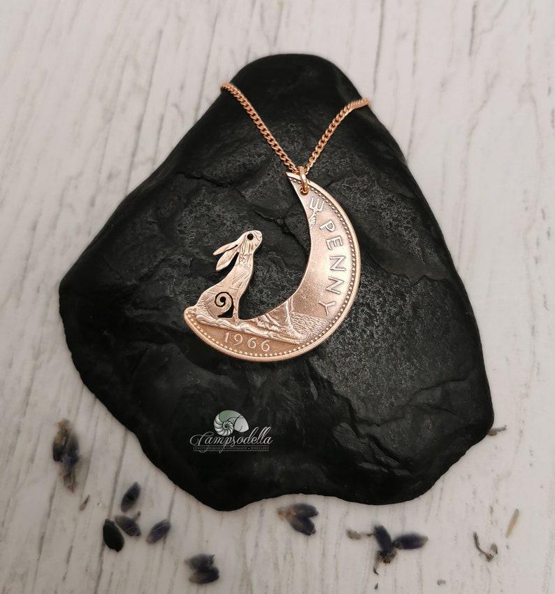 Hare in the Moon pendant handmade from coins, Moon Gazing hare jewellery in bronze, Campsodella Hare necklace made from recycled coins image 8