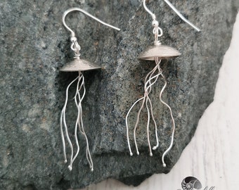 Jellyfish Earrings Silver 925, Jellyfish Jewellery dangling earrings, recycled coin jewelry, gift for diver, unsual handcrafted earrings