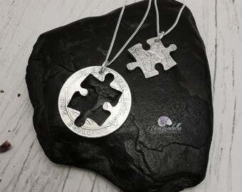 Sterling Silver Jigsaw Puzzle Necklace Set: Shared Coin Pendants