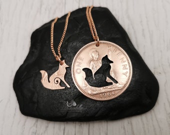 Foxy Keychain and Necklace set, Foxes handmade from bronze coin, Anniversary Gift 8 years Pair of Foxes to share made from genuine penny