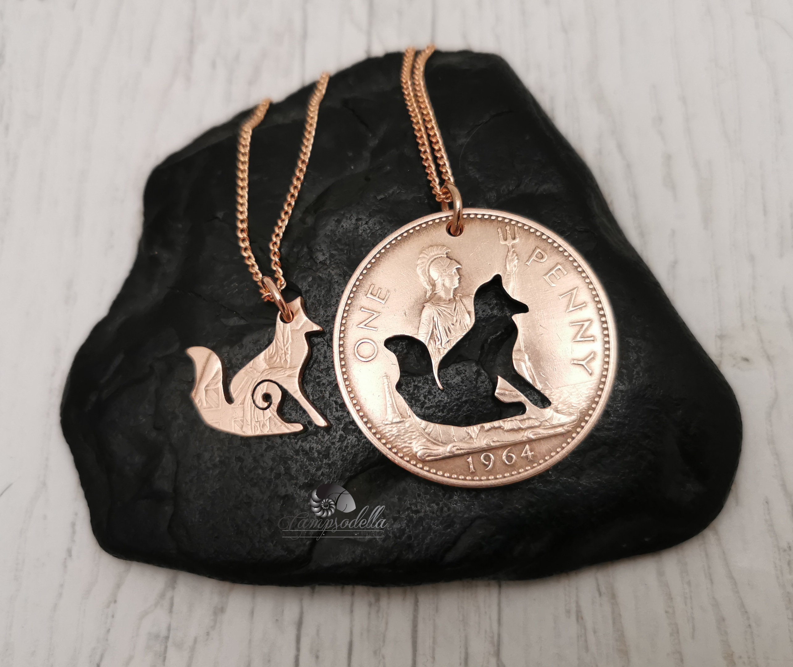 Foxy Necklace set, Foxes handmade from bronze coin, Anniversary Gift 8 years Pair of Foxes to share made from genuine penny. Keychain option