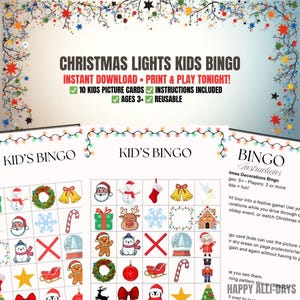 May include: Christmas Lights Kids Bingo game with colorful illustrations of holiday-themed images. The game includes 10 kids picture cards, instructions, and is reusable. Suitable for ages 3 and up. The game is an instant download.