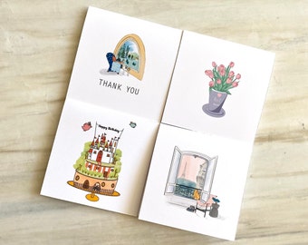 Mini illustrated blank greeting card (set of 4)
