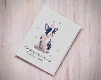 Watercolor Boston Terrier Holiday Card | Happy Howlidays | Dog Christmas Card | Minimalist Pet Greeting | Eco-Friendly Paper | Dog Gift