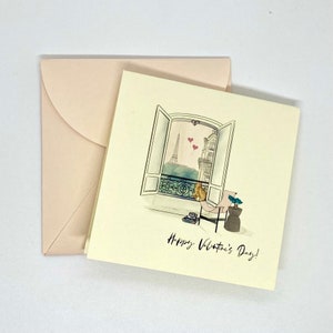 Valentine's Day card | Paris cat | window with plants | Eiffel Tower