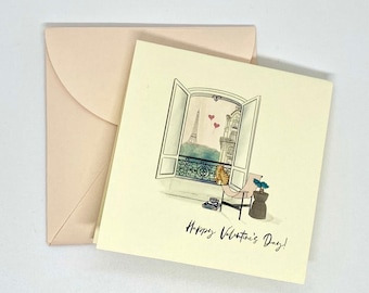 Valentine's Day card | Paris cat | window with plants | Eiffel Tower
