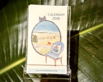 Mini Desktop Calendar 2026 | Cute Cat Calendar | 12 Global Landmark View | Armchair Travel Gift | Minimalist Home Decor