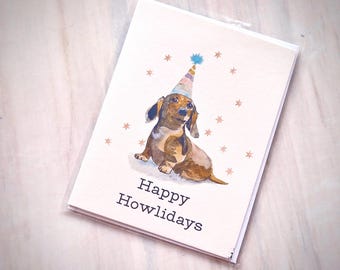 Watercolor Dachshund Holiday | Happy Howlidays | Dog Christmas Card | Minimalist Pet Greeting | Eco-Friendly Paper | Weiner Dog Gift
