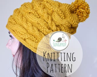 PDF PATTERN | Cable Knit Slouchy Beanie | Knitting Pattern | Textured Pom Hat | Horizontal Cables | Grafting Tutorial | The ASPEN Beanie