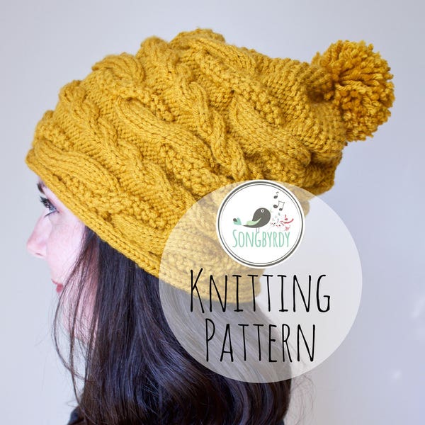 PDF PATTERN | Cable Knit Slouchy Beanie | Knitting Pattern | Textured Pom Hat | Horizontal Cables | Grafting Tutorial | The ASPEN Beanie