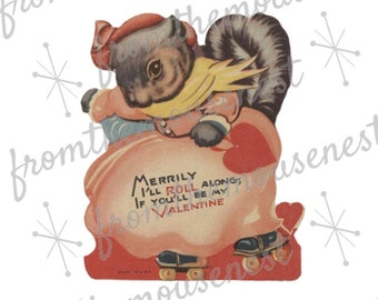 Antique Valentine image-squirrel on skates-pink dress-Downloadable-Printable Digital Art Image -Instant Download