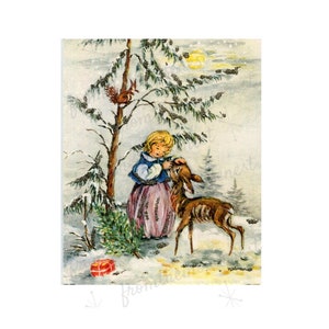 Christmas card image-Downloadable--Nostalgic girl with deer and squirrel-Printable Digital Art Image -Instant Download