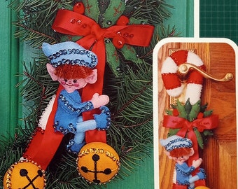 Sweet Tooth-Bucilla jeweled stitchery wreath or door ornament kit-INCOMPLETE kit 82020-Blue elf hanging on a candy cane