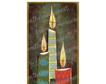 May include: Three stylised candles with flames, decorated with geometric patterns in shades of green, blue and red. The candles are set against a dark green background with pine branches.