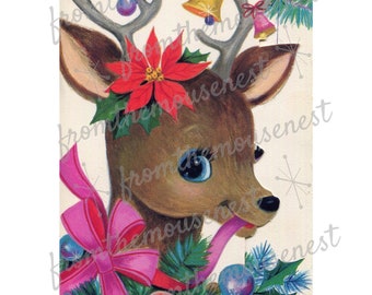 Retro Reindeer image-big eyes-pink bow-Downloadable-Printable Digital Art Image -Instant Download