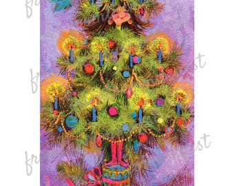 1960s kitschy girl Christmas tree-purple and pink-Downloadable-Printable Digital Art Image -Instant Download