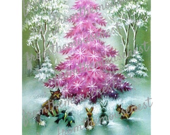 Imagen de arte digital imprimible y descargable con árboles de Navidad rosados en el bosque - Descarga instantánea