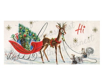 Reindeer pulling sleigh with squirrels-Christmas image-Downloadable-Printable Digital Art Image -Instant Download